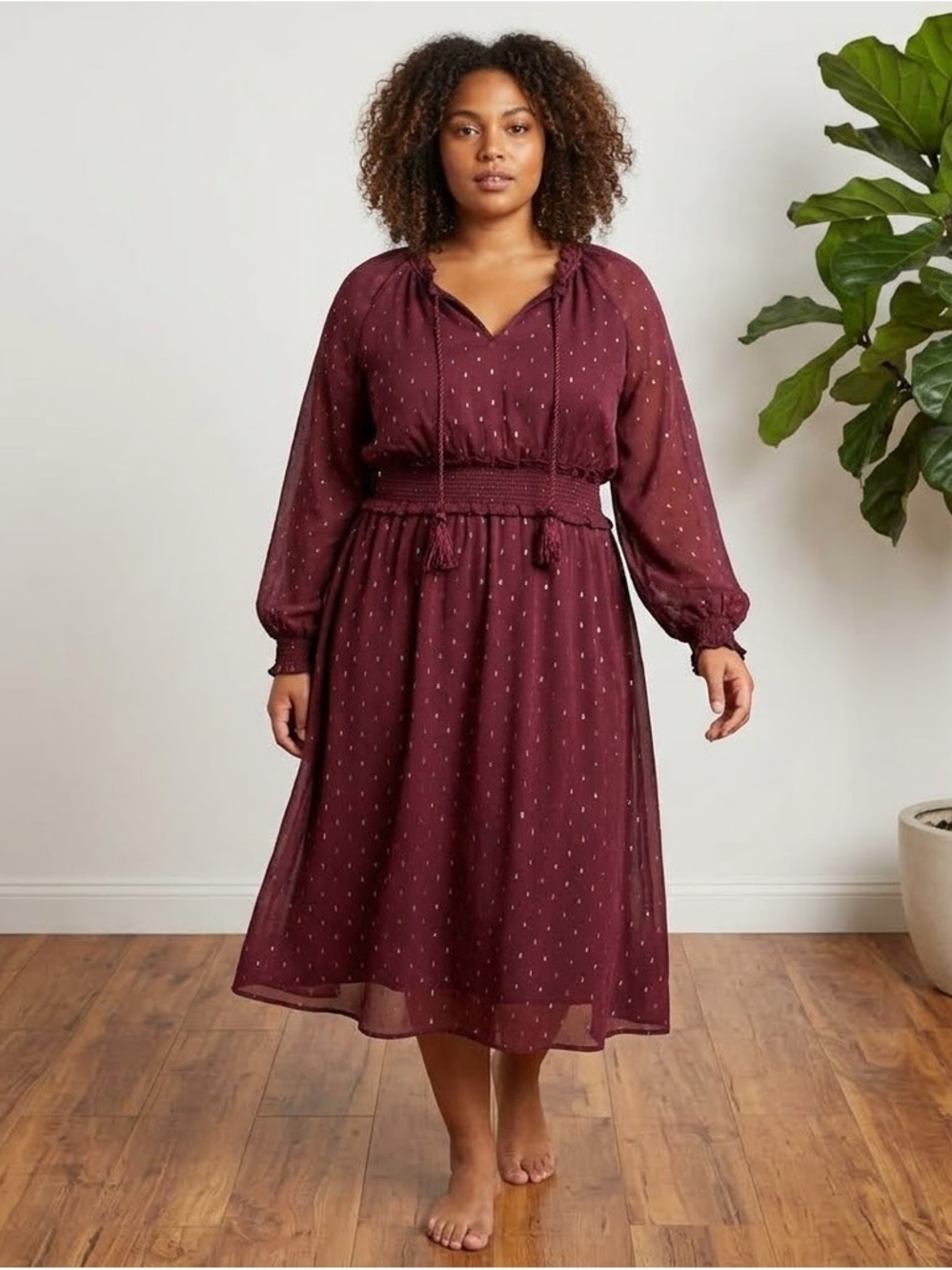 dip Burgundy Long Sleeve Smocked Waist Midi Dress